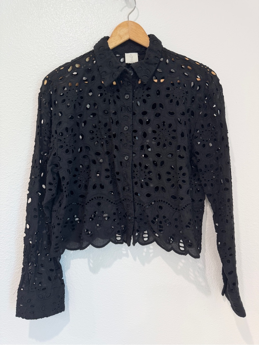 Joie Black Floral Eyelet Cutout Scalloped Hem Button Down Blouse Shirt Cropped M